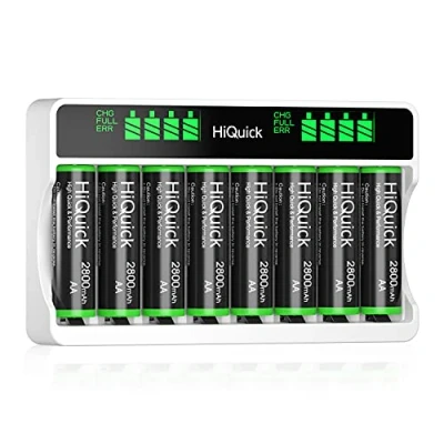 Abbildung von HiQuick Akku Ladegerät mit AA 8 Stück, für Mignon AA, Micro AAA NI MH/NI CD wiederaufladbar Batterien, Ladeplatz LCD Anzeige