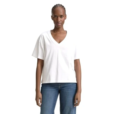 Abbildung von TOM Tailor Denim BOXY V NECK Tshirt basic, Damen, Größe: Large, White