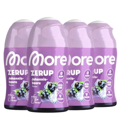 Abbildung von MORE Zerup, Johannisbeere, 4 x 65 ml, für bis zu 32 l Fertiggetränk, zuckerfreier Sirup mit echten Fruchtextrakten, vegan, zero Kalorien made in Germany