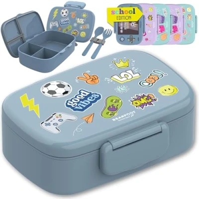 Abbildung von BEARFOOT Lunchbox Brotdose Kinder mit Fächern, auslaufsicher Sticker, blau, Kindergarten und Schule Mädchen Jungen, Vesperbox, Snackbox