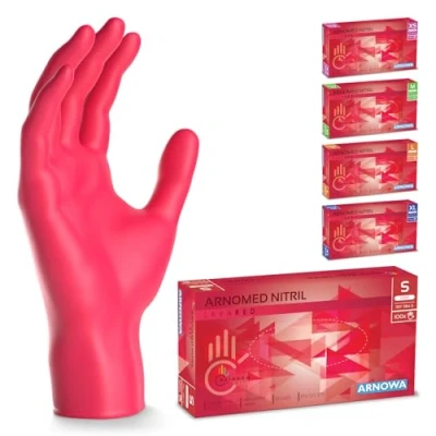 Abbildung von 500 Stück ARNOMED Einweghandschuhe Rot, Einmalhandschuhe S, Nitril Handschuhe Einweg, Nitrilhandschuhe puderfrei, Gummihandschuhe Schutzhandschuhe, in XS, M, L, XL