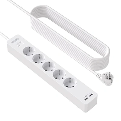 Abbildung von 5 Fach Steckdosenleiste 5m mit 2 USB, NTONPOWER Mehrfachsteckdose Wandmontage Befestigungplatte, Kein Bohren, Lang Verlängerungskabel Überspannschutz, Kindersicherung weiß, MEHRWEG
