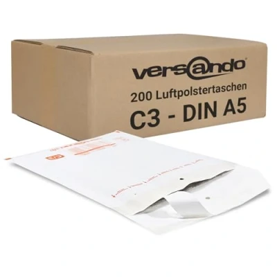 Abbildung von versando 200 Luftpolsterversandtaschen air C3 Innenmaß 150 x 215 mm Außenmaß 170 225 weiß für DIN A5 / A6
