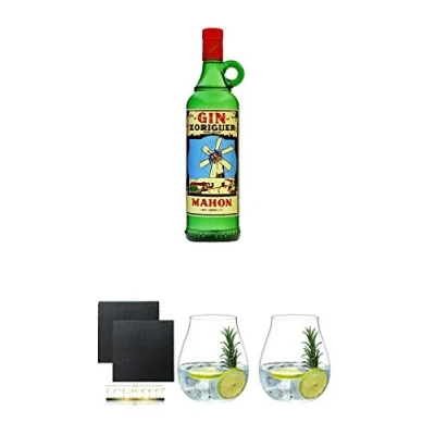 Abbildung von Gin Xoriguer Mahon 0,7 Liter + Schiefer Glasuntersetzer eckig ca. 9,5 cm Ø 2 Stück Tonic Glas 5414/67