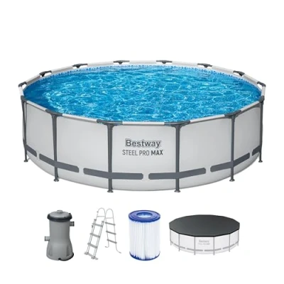 Abbildung von Bestway Steel Pro MAX Frame Pool Komplett Set mit Filterpumpe Ø 427 x 107 cm, lichtgrau, rund