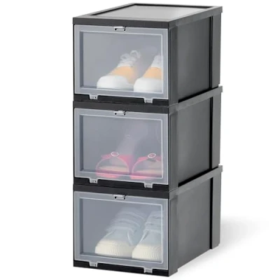 Abbildung von Iris Ohyama Transparente Schuhaufbewahrungsboxen, für Größen bis 46, L32 x H18 cm, Set mit 3, Stapelbar, Frontöffnung, Behälter Deckel, Turnschuhe, EUDF S