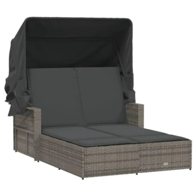 Abbildung von vidaXL Gartenliege Doppel Sonnenliege mit Dach und Auflagen Grau Poly Rattan, 1 St.
