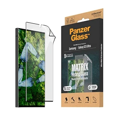 Abbildung von PanzerGlass™ MATRIX Displayschutz für Samsung Galaxy S23 Ultra Displayschutzfolie aus 100% recyceltem Plastik Wide Fit Fingerabdrucksensor kompatibel, mit Positionierhilfe