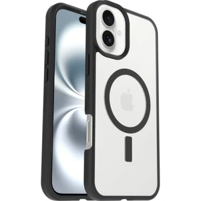 Abbildung von OtterBox Sleek Series MagSafe Hülle für iPhone 16 Plus, stoßfest, sturzsicher, ultraschlank, schützende Hülle, Getestet nach Militärstandard, Transparent/Schwarz, Keine Einzelhandelsverpackung