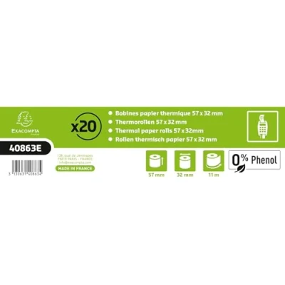 Abbildung von Exacompta Ref. 40863E Packung mit 20 Rollen für Bankkarten 57 x 32 mm 11 m 1 Falz Thermopapier 55 g/m² ohne Phenol Weiß