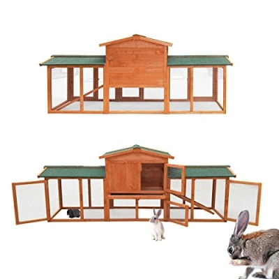 Abbildung von Wiltec Hasenstall 2190 x 530 850 mm mit Freilaufgehege und erhöhtem Unterschlupf aus Fichtenholz, Kaninchenkäfig 2 Etagen, Kleintierstall