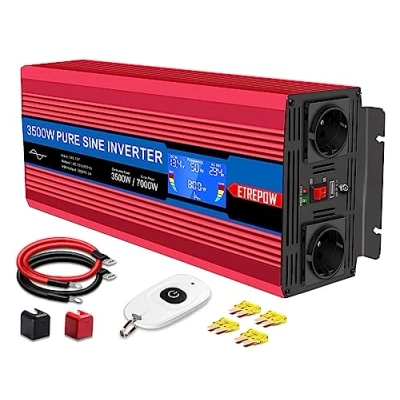 Abbildung von ETREPOW 3500w Spannungswandler 12v Auf 230v Reiner Sinus Wechselrichter mit 2 EU Steckdose und Einer USB,Drahtlose Fernsteuerung,LCD Bildschirm Spitzenleistung 6000w Kfz Konverter …