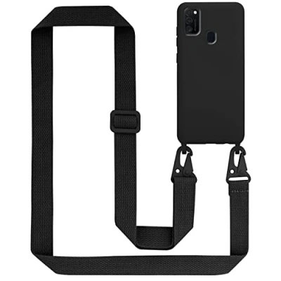 Abbildung von Cadorabo Handykette kompatibel mit Samsung Galaxy M21 M30s Schutzhülle TPU Liquid Silikon Case Necklace verstellbarem Band Kordel Etui Rundumschutz Hülle für in Schwarz