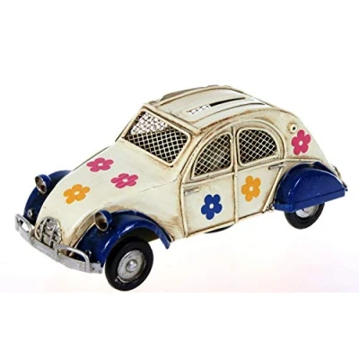 Abbildung von Metallauto geblümt dunkel blau beige 16 cm als Spardose Auto Metall PKW Oldtimer Ente Nostalgie Citroen 2CV