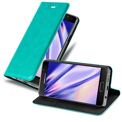 Abbildung von Cadorabo Hülle kompatibel mit Samsung Galaxy A5 2016 aus Premium Kunst Leder Flip Klappbare Stoßfeste Magnetische [Standfunktion] [Kartenfächern] Cover für Tasche in Türkis