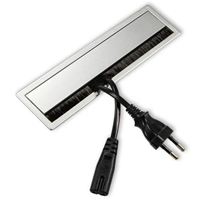 Abbildung von Gedotec Kabeldurchlass Schreibtisch Kabelführung eckig mit Bürstendichtung &amp; Klapp Deckel PRO Kabeldose 180 x 46 mm Kabeldurchgang Aluminium Silber 1 Stück Alu für Tisch Wand