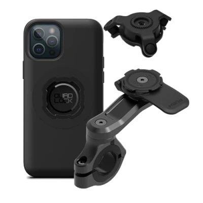 Abbildung von Quad Lock Motorrad Lenkerhalterung Pro Kit mit Vibrationsdämpfer und iPhone 12/12 MAG Hülle