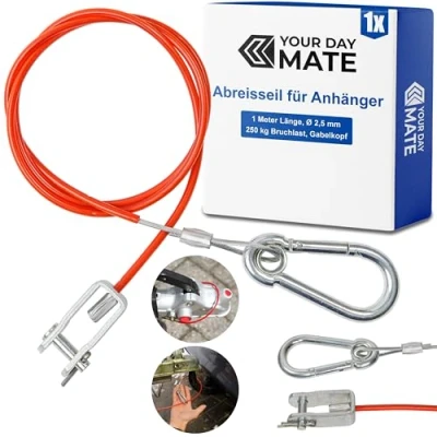 Abbildung von Abreisseil für Anhänger, 1 Set, Meter x Ø 2,5 mm Stahlseil mit Gabelkopf und Splintbolzen, 250 kg Bruchlast, in Rot, alle Arten von gebremsten Anhängern Wohnwagen, ummanteltes Fangseil AHK