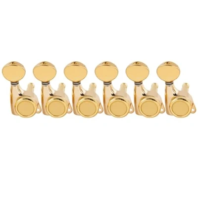 Abbildung von Musiclily Pro 6 in Line Gitarren Locking Mechaniken 18:1 Ratio Tuners Tuning Pegs Keys Machine Heads für Strat Tele Style E Gitarre, Gold mit Vintage Oval Button