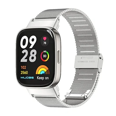 Abbildung von GIOPUEY Armband Kompatibel mit Xiaomi Redmi Watch 3, Geflochtenes Edelstahlarmband [Verschleißfest] [Stilvoll] Ersatzarmband Silver