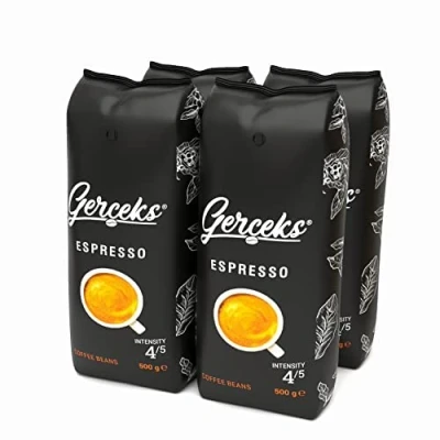 Abbildung von GERCEKS Espresso Kaffeebohnen 2kg (4x500g), Barista Kaffee schokoladig und säurearm, Espressobohnen stark, Bohnenkaffee mit Arabica Robusta, feine Crema, ideal für Cappuccino