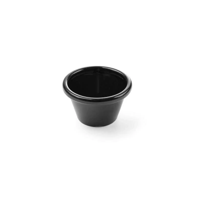 Abbildung von HENDI Auflaufförmchen 12 Stk. ø 6 x 3,5 cm 4,5 ml PET Kunststoff schwarz stapelbar lebensmittelecht spülmaschinengeeignet, Pastetenform
