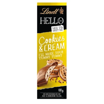 Abbildung von Lindt Schokolade HELLO Cookies &amp; Cream 100 g Tafel Vollmilch mit Keks Sahnecrème Füllung Schokoladentafel Schokoladengeschenk