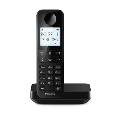 Abbildung von Philips D2701B Schnurloses Festnetztelefon, 11,6 cm (4,6 Zoll), vertikales Mikrofon, Freisprecheinrichtung, bis zu 14 Stunden, optimierte Antenne, Privatsphäre Einstellungen, Schwarz