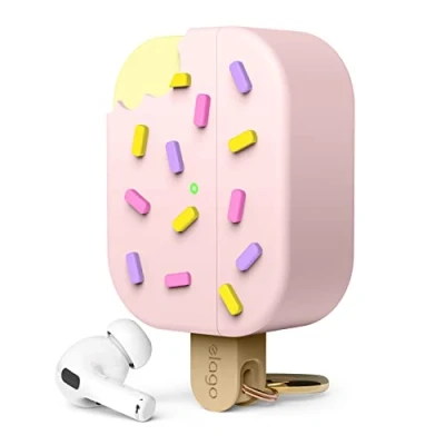 Abbildung von elago Ice Cream Hülle Kompatibel mit AirPods Pro 2 Case 2. Generation Cover, Karabiner Enthalten, Unterstützt Drahtloses Aufladen, Vollständiger Schutz (Erdbeere)