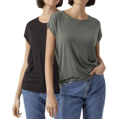 Abbildung von Vero Moda T Shirt Stilvolles Basic mit Rundhalsausschnitt (2er Pack) unifarbenes Oberteil aus Baumwollmischung, Größe M