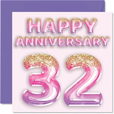Abbildung von Stuff4 Hübsche Karte zum 32. Jahrestag für Ehefrau, Freundin, Ehemann, Freund, rosa lila Glitzerballons Happy 32 Jahrestagskarten aus der Familie, 145 mm x Grußkarten dreißig Jubiläen