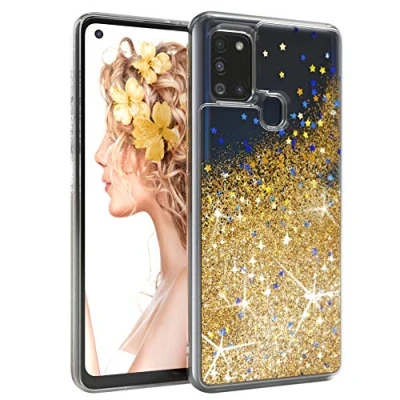 Abbildung von EAZY CASE Hülle kompatibel mit Samsung Galaxy A21s Schutzhülle Flüssig Glitzer, Handyhülle, Schutzhülle, Back Cover Glitter Flüssigkeit, TPU/Silikon, Transparent/Durchsichtig, Gold