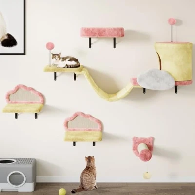Abbildung von YITAHOME Kletterwand Katzen Set aus Flanell, 6 Teiliges Stabiler Katzenmöbel mit Katzenhaus, Katzenbett, Katzenhängebrücke, Sisalsäule, Katzenspielzeug, für Katze Schlafen Spielen Lounging