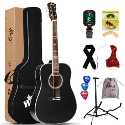 Abbildung von Winzz Schwarz Akustikgitarren 4/4, Anfänger Gitarren 41 Zoll mit Gitarrentkoffer, Stimmgerät, Gurt, Plektren, Extra Saite und Gitarrenständer