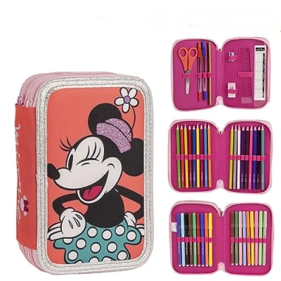 Abbildung von Federmappe Minnie Mouse Mäppchen mit Zubehör Farbe Rosa 12,5x6,5x18,5 Aus Polyester Federmäppchen Drei Fächern und Reißverschluss Original Produkt in Spanien Designed