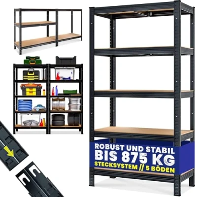 Abbildung von Monzana® Schwerlastregal 180x90x40cm Befestigungsmaterial 875kg 5 MDF Platten Kellerregal Lagerregal Steckregal Metallregal Werkstattregal Schwarz