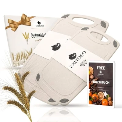 Abbildung von Exitoso Schneidebrett aus PP Material &amp; Weizenstroh spülmaschinenfest mit Saftrille, Holz, (2 St), Brotzeitbrett Frühstücksbrettchen Brot Obst Steak rutschfest