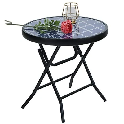 Abbildung von PHIVILLA Klappbar Runder Beistelltisch Glas aus Metall Gartentisch Kaffeetisch Klein Balkontisch wetterfest pflegeleicht für Balkon Garten Terrasse Wohnzimmer
