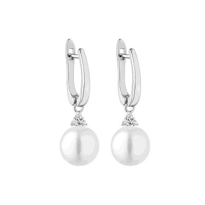 Abbildung von Gaura Pearls Perlenohrringe Elegant echt hängend weiß rund 9 9.5 mm, Zirkonia, engl. Verschluss, 925er rhodiniertes Silber
