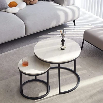 Abbildung von HJhomeheart Runde Satztische 2er Set, Couchtische, Groß: 60 x 45 cm, Klein: 40 35 Eichenmaserung