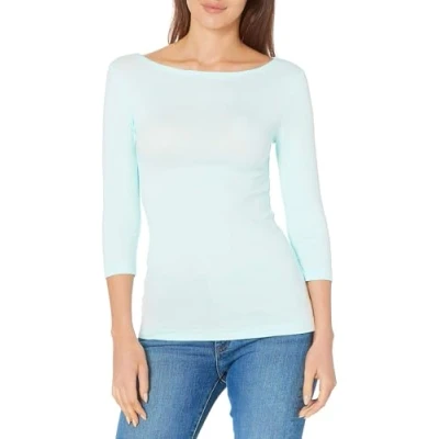 Abbildung von Amazon Essentials Damen T Shirt mit Bateau Ausschnitt und 3/4 Ärmeln in schmaler Passform, Aquablau, S