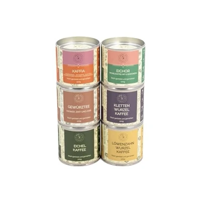 Abbildung von Sechs Kaffeealternativen Set von LIEVIE. Koffeinfreie 600g EICHELKAFFEE, LÖWENZAHNWURZELKAFFEE, KLETTENWURZELKAFFEE, GEWÜRZTEE, EICHOR und KAFFIA