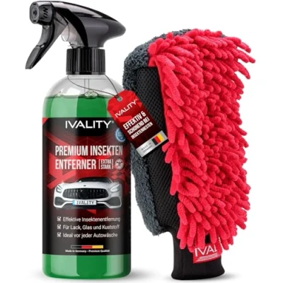 Abbildung von IVALITY® Insektenentferner Auto löst effektiv hartnäckige Insektenrückstände Insektenreiniger für Auto, Wohnmobil &amp; Motorrad Flugrostentferner 750ml (Insektenentferner + Waschhandschuh)