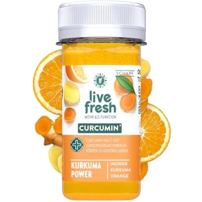 Abbildung von LiveFresh Kurkuma Power Ingwer Shot aus Kurkuma, Ingwer, Orange &amp; Zitrone Mit Vitamin C Natürlich Kaltgepresst 100% 16 x 60ml