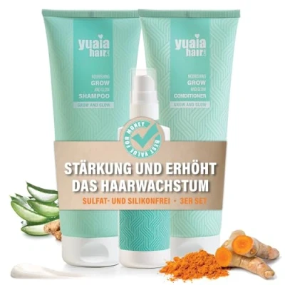 Abbildung von Yuaia Haircare Grow and Glow Komplett Haarserie: Shampoo, Haarspülung, Haarserum Mit Capilia Longa und Amaranthus Caudatus Samen Wirkstoff für kräftigeres voluminöseres Haar