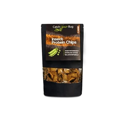 Abbildung von Insekten Protein Chips mit 24% zum Essen von Catch Your Bug, gesunder Snack auf Basis Linsen und Erbsenmehl Grillenpulver, Classic, 5x70 g