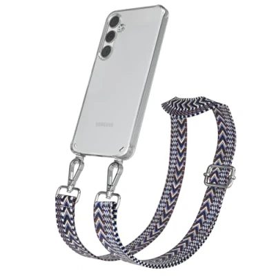 Abbildung von EAZY CASE Handykette mit verstellbarem Trageriemen kompatibel Samsung Galaxy S24 Plus Taschengurt transparenter Handyhülle für Hülle Schulterriemen in Blau Weiß Silber