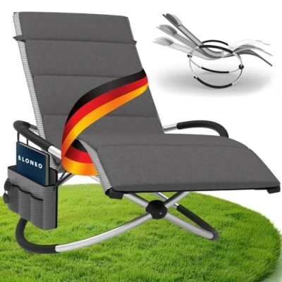 Abbildung von ELONEO Schaukelliege Outdoor mit Tasche und Auflage, Relaxliege bis 180 kg Belastbarkeit, Schaukelsessel Outdoor, Liegestuhl wetterfest, Sonnenliege für Garten Balkon, graukariert/anthrazit