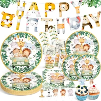 Abbildung von Ophy Dschungel Safari Partygeschirr Set,134 Stück Wild One Geburtstag Deko Set mit Tier Geburtstagsbanner, Papptellern, Servietten, Bechern,Geburtstagsdeko für 25 Gäste