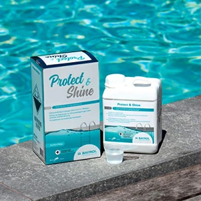Abbildung von BAYROL Protect &amp; Shine 2 L verhindert Schmutzablagerungen an der Wasserlinie und sorgt für kristallklares Poolwasser spezielle Antihaft Wirkung Brillanz Formel